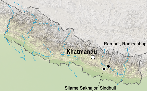 En karta som visar de studerade områdena: Rampur. Ramechhap och Silame Sakhajor, Sindhuli. Illustration.