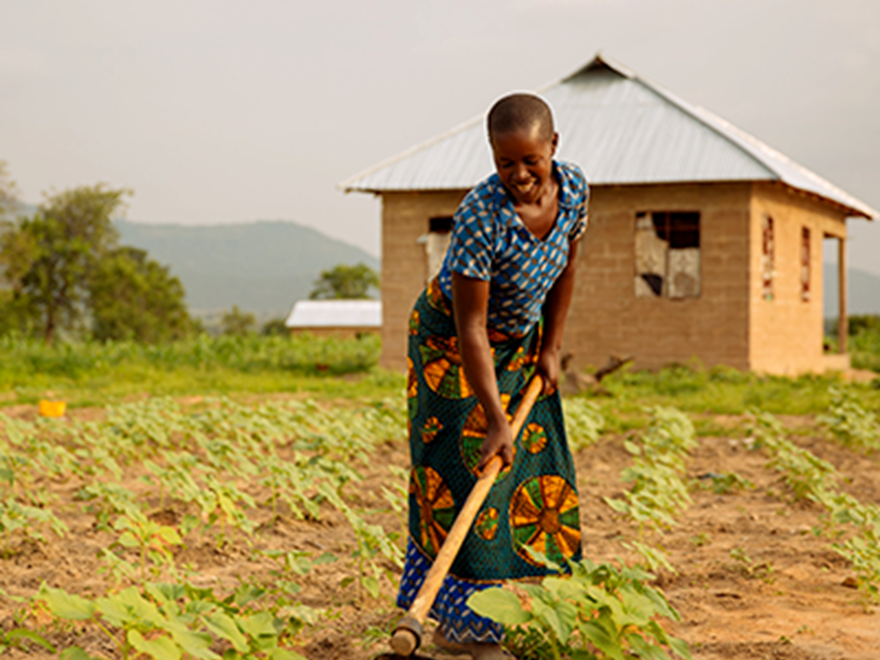 En kvinna bearbetar jordn med hacka på en liten gård i Tanzania. Foto.