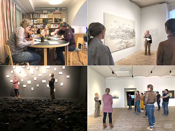 Collage of photos with people in an art museum. 