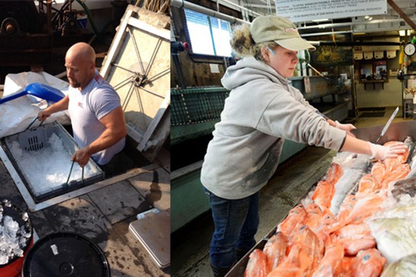 A man working on a fishing boat and a woman in a fish market. Photos.