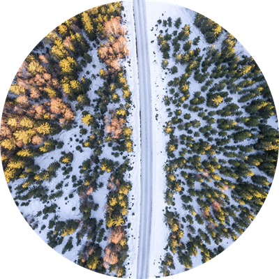 Road through boreal forest, drone photo.