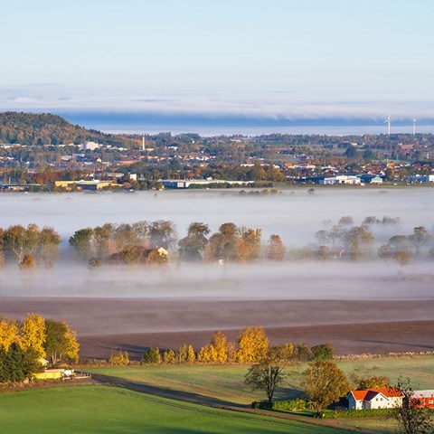 Dimstråk över landsbygd, i bakgrunden en stad. Foto.