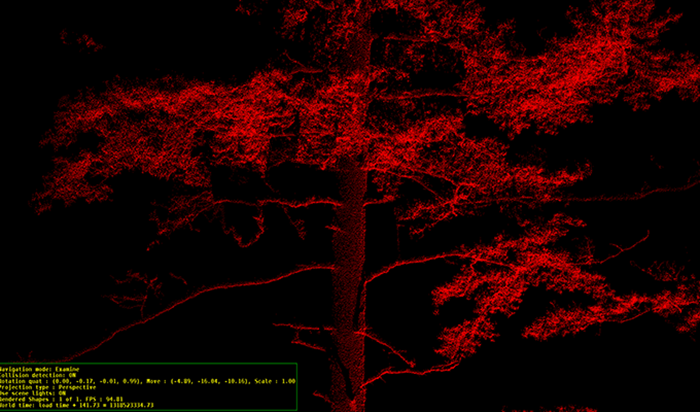 Red point cloud of a pine with black background. Image.
