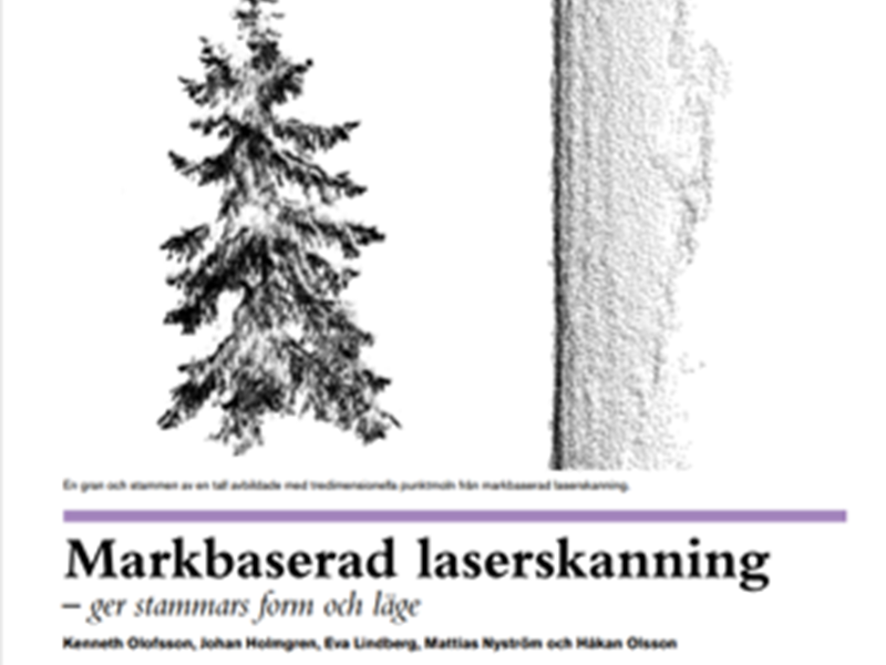 Framsidan av Fakta skog nr 2, 2017. En gran och stammen av en tall avbildade med tredimensionella punktmoln från markbaserad laserskanning. Bild och text.