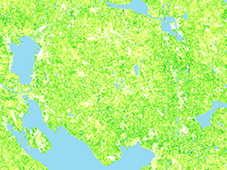 En kartbild med blå sjöar och gröna skogspixlar. Bild. 