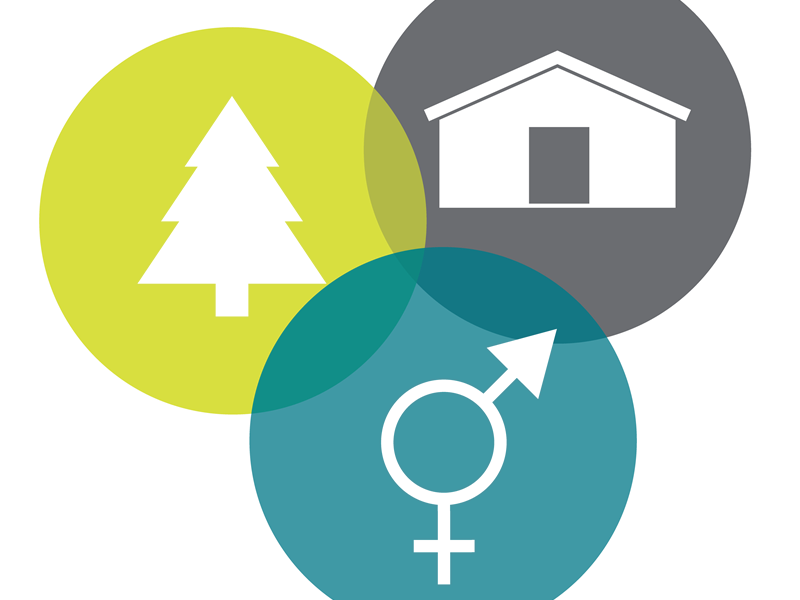 Logotyp bestående av tre cirklar med symbolerna för gran, stuga och jämställdhet