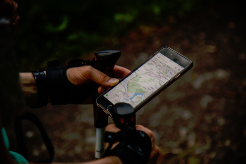En mobiltelefon som hålls av en person i skogen
