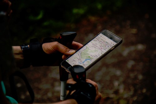 En mobiltelefon som hålls av en person i skogen