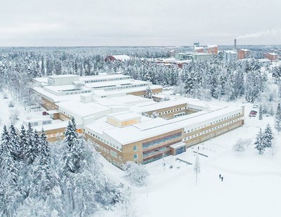 The building SLU Umeå in winter landscape from above. Photo from drone.