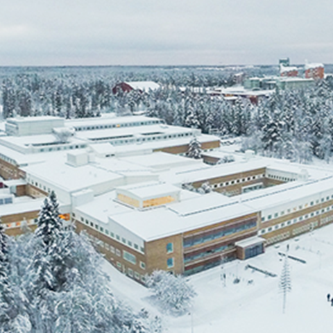 Byggnaden SLU Umeå från ovan i vinterlandskap. Foto från drönare..