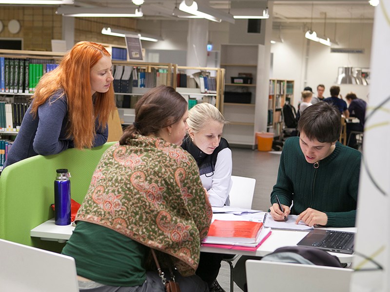 Fyra personer studerar tillsammans i SLU:s bibliotek i Umeå. Foto.