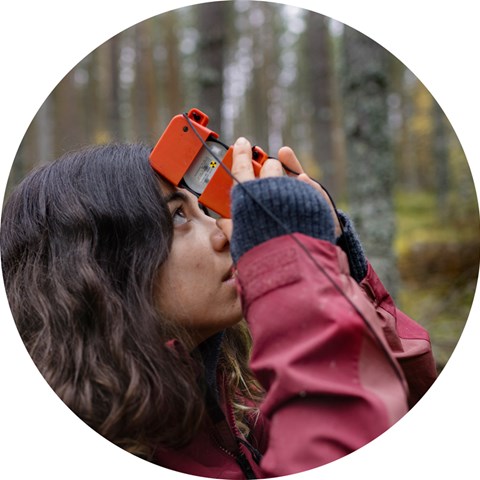 En kvinna tittar genom en orange apparat på skog. Foto.