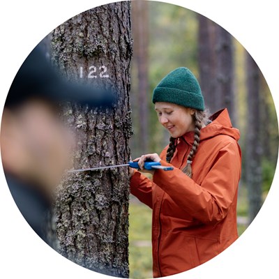 A woman by a tree. Photo.