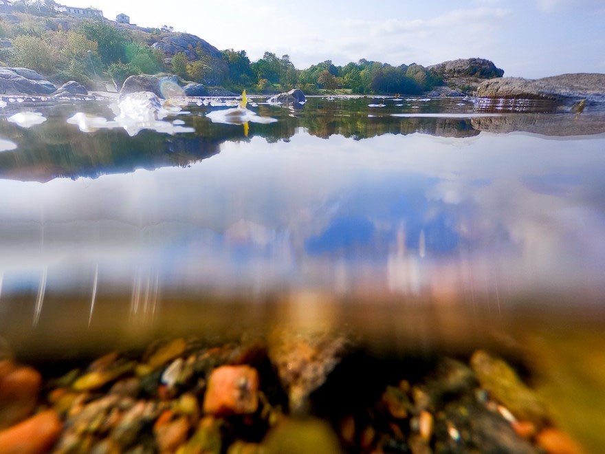 A picture of an archipelago environment where you can see both above and below the water's surface. Photo.