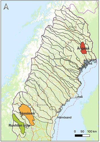 Karta över norra Sverige med markerade samebyar som studeras. Bild.