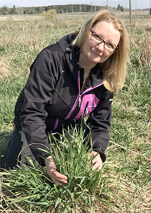 A woman sitting in a field, holding a tuft of grass, photo.