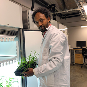 A man in a lab coat holding a tray with plants, photo.