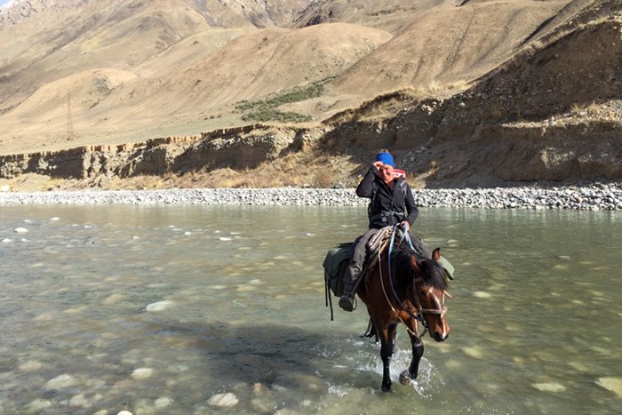 Sherry on a horse in water.