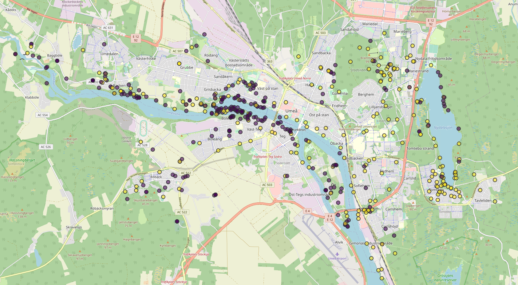 Karta över fladdermusobservationer i Umeå.