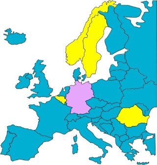 Map of European countries where Norway, Sweden, Belgium and Romania are yellow and Germany pink. Illustration.