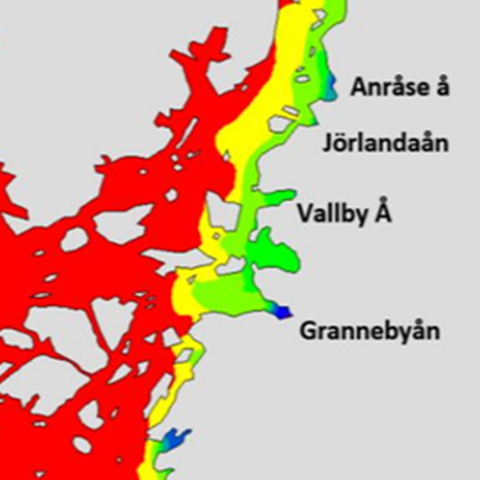 Map of the Hakefjord with colours showing the salinity. Illustration.