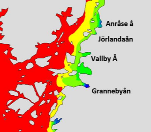 Map of the Hakefjord with colours showing the salinity. Illustration.