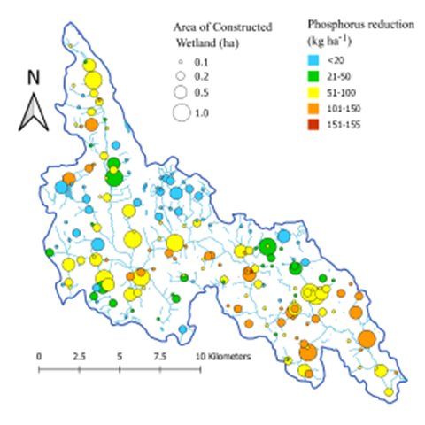 Map of a catchment area with circles of different sizes and colours. Illustration.