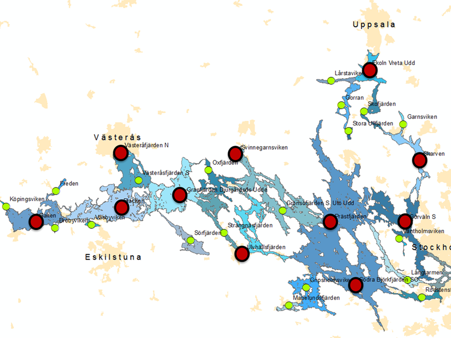 Karta över Mälaren med provtagningsplatser markerade.