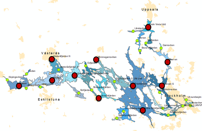 Karta över Mälaren med provtagningsplatser markerade.