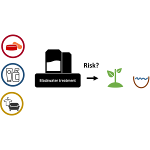 Sources of pharmaceuticals and antibiotic resistant genes such as medicines and household chemicals, the blackwater cleaning and a question mark indicating a possible risk for plants and recipients. Illustration.