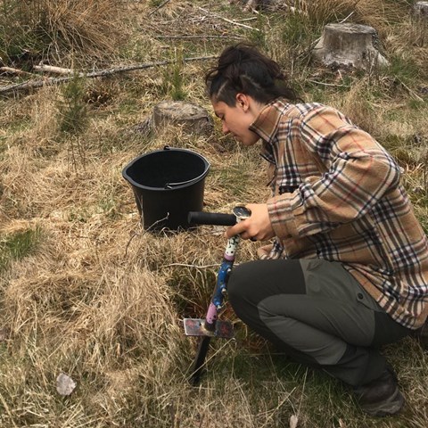 Stephanie retracts samples of soil at a nursery. Photo.
