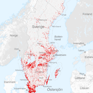 Karta över stora delar av Sverige. Röda ytor främst i söder.