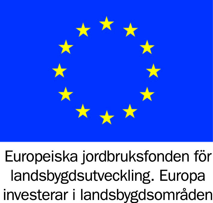 EU:s flagga och texten "Europeiska jordbruksfonden för landsbygdsutveckling. Europa investerar i landsbygdsområden". Illustration.