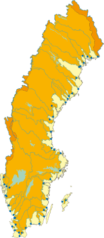 Map of Sweden where almost all main river basins are orange with a blue dot at the coast. A smaller area close to the coast is light yellow. Illustration.    