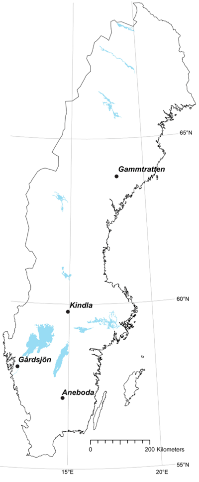 Sverigekarta med de fyra IM-områdena utmärkta. Illustration.