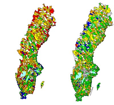 Two maps over Sweden with subcatchments in different colour codes. Illustration.