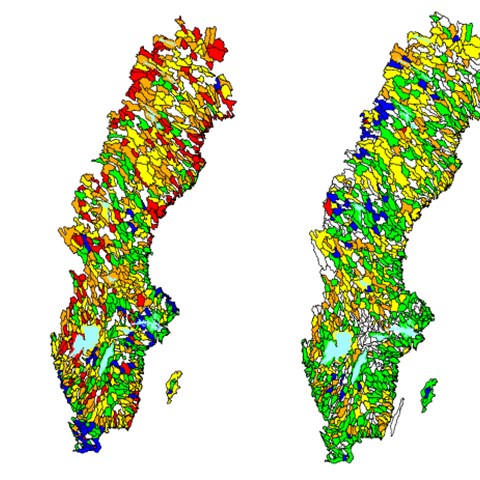 Två Sverigekartor med färgklassificering för olika delavrinningsområden. Illustration.