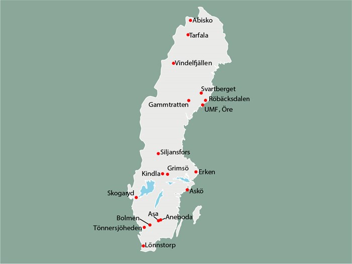 Map showing locations of LTER stations in Sweden.