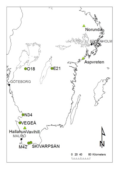 Map over Sweden with sampling sites. Illustration.