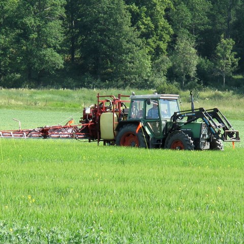 Tractor with agricultural sprayer on a field. Photo.
