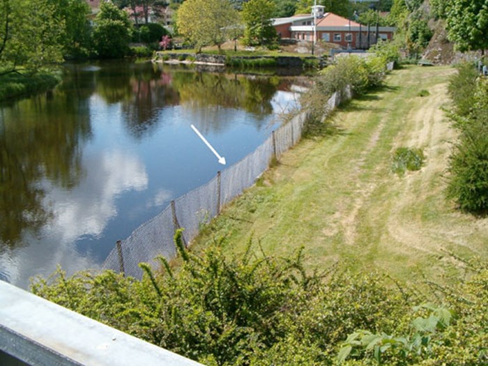 Vattendrag med hus i bakgrunden och pil som visar provtagningsplatsen. Redigerat foto. 