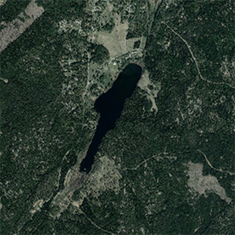 Aerial photo of lake, surrounded by forest.
