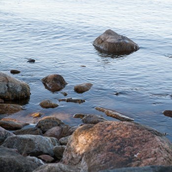 Strandkant med stenar. Foto.