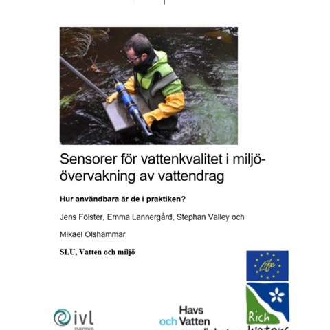 Förstasidan på rapporten "Sensorer för vattenkvalitet i miljöövervakning av vattendrag", skärmavbild.