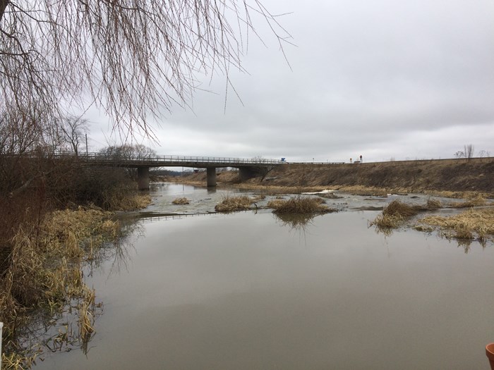 Stream with turbid water and a bridge for cars in the background. Photo.