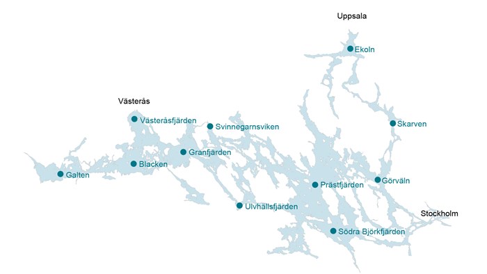 Sampling locales in Mälaren. Map.