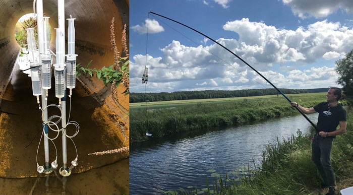 TIMFIE-provtagaren i närbild och sänks ner i en å med metspö. Fotocollage.