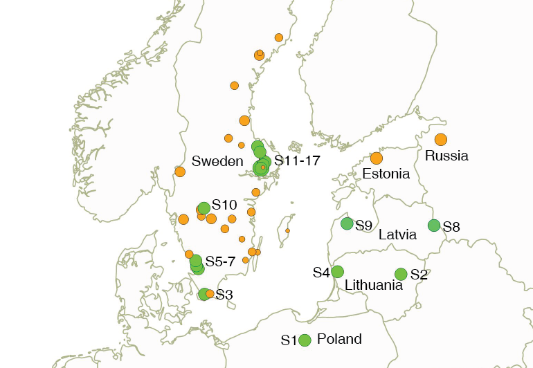 Map with places in Sweden (south, middle and north coast), Lithuania, Latvia, Estonia, Poland and Russia.,  