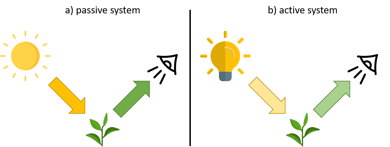 En illustration med a) en sol som lyser på en växt och b) en lampa som lyser på en växt.