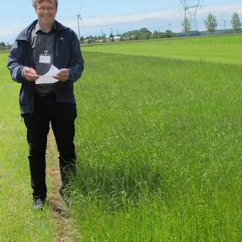 A man standing in a field, holding paper documents.